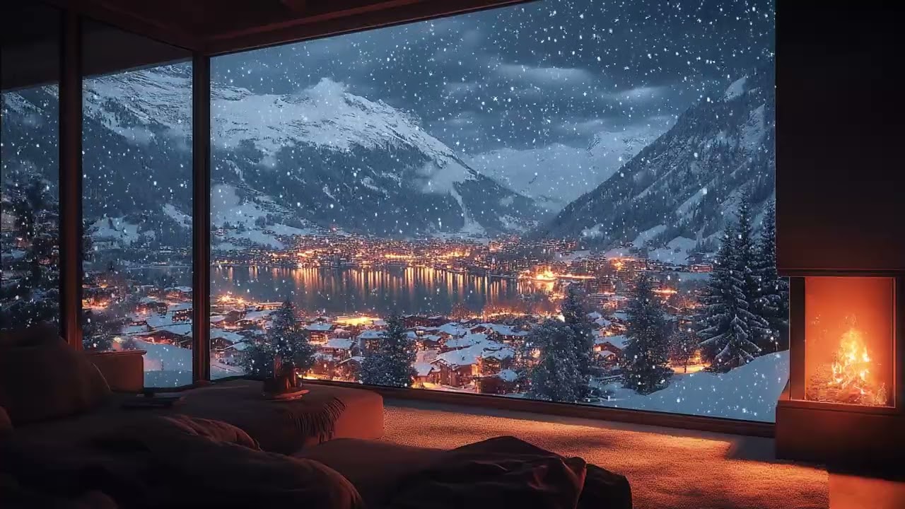Gentle Snowfall ASMR | Cozy Winter Night by the Lake with Warm Fireplace for Deep Sleep