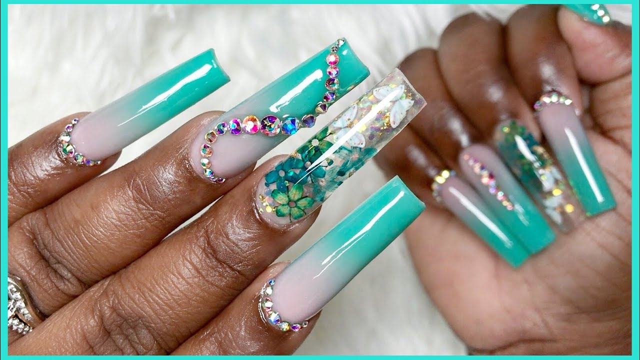 Long Tapered Square Freestyle Acrylic Nails Tutorial | March Birthstone Inspired Nail Design