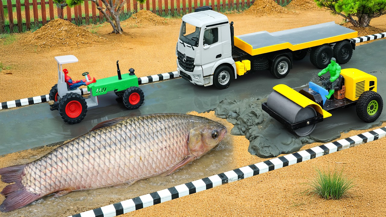 DIY Mini Tractor Repairs Concrete Road After Giant Fish Blocks the Street
