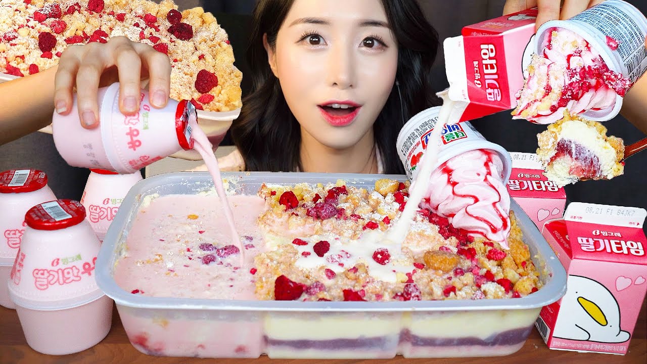 Поливание молоком Клубничный Чизкейк АСМР Десерт🍰 Мукбанг Dessert Strawberry Cake Mukbang
