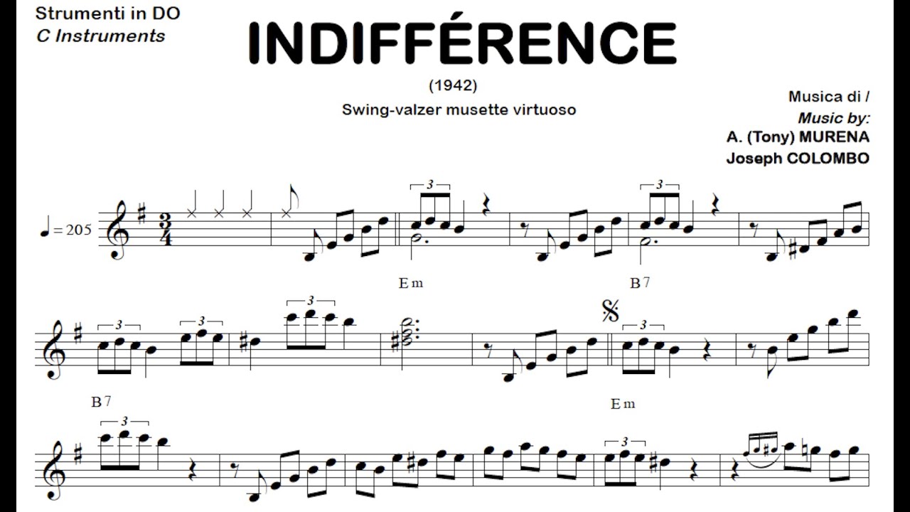 INDIFFÉRENCE (1942, Murena-Colombo) swing-valzer musette: Base Audio Spartiti DO Si♭Mi♭ Fisarmonica
