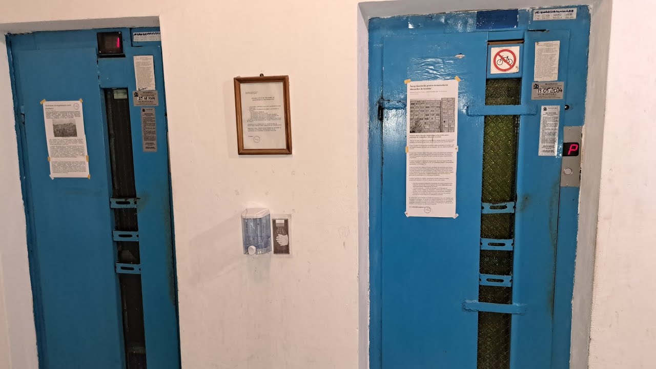 2x Old modernized IFMA traction elevators @ Strada Presei 8, bl. 16, Sfântu Gheorghe, Romania