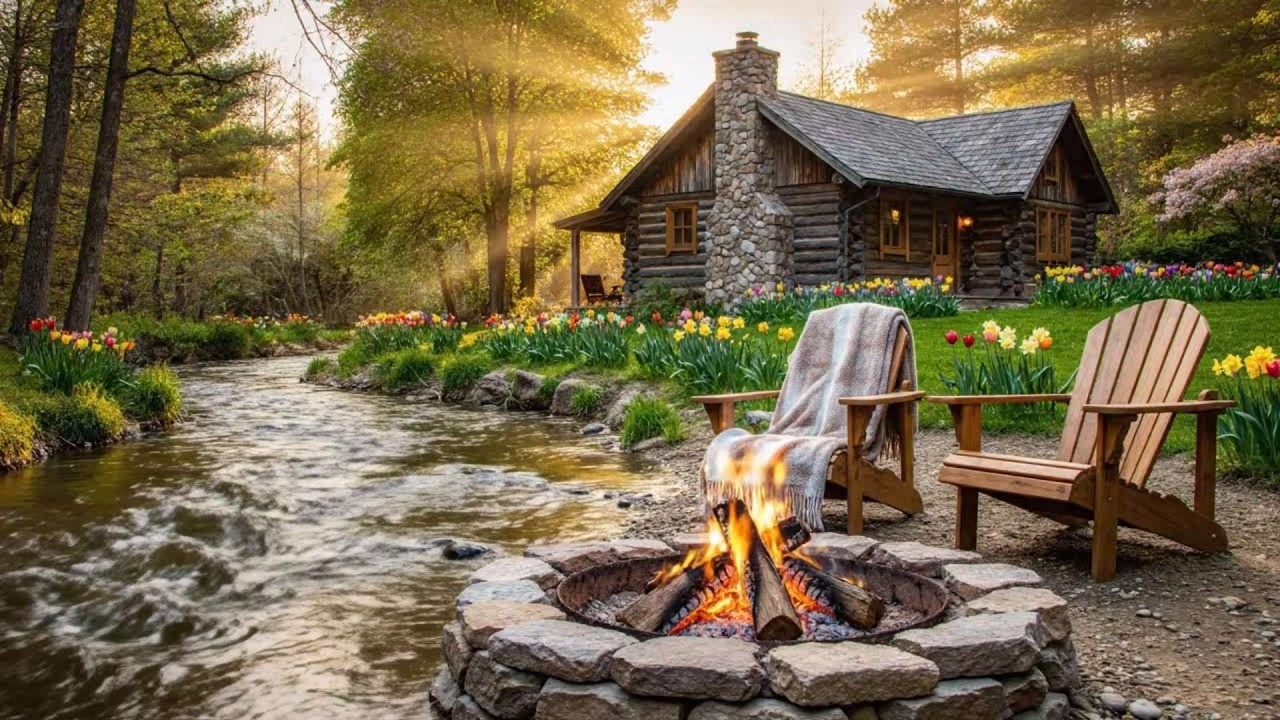 🌻🔥 Deep Relaxation Cozy Early Spring Vibes  with Nature Sounds |  Fireplace, Birds & babbling Stream