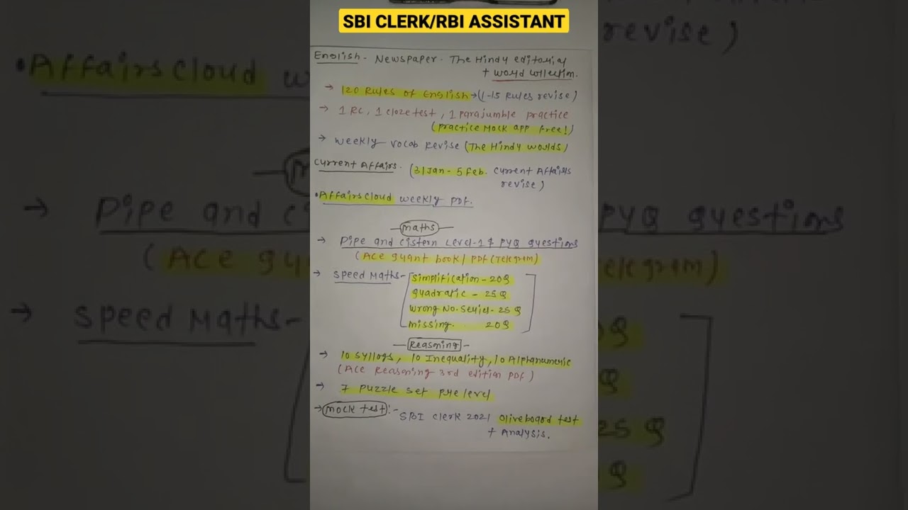 SBI CLERK/ RBI ASSISTANT/UPCOMING BANK EXAM 2022|| DAILY TO DO LIST#shorts