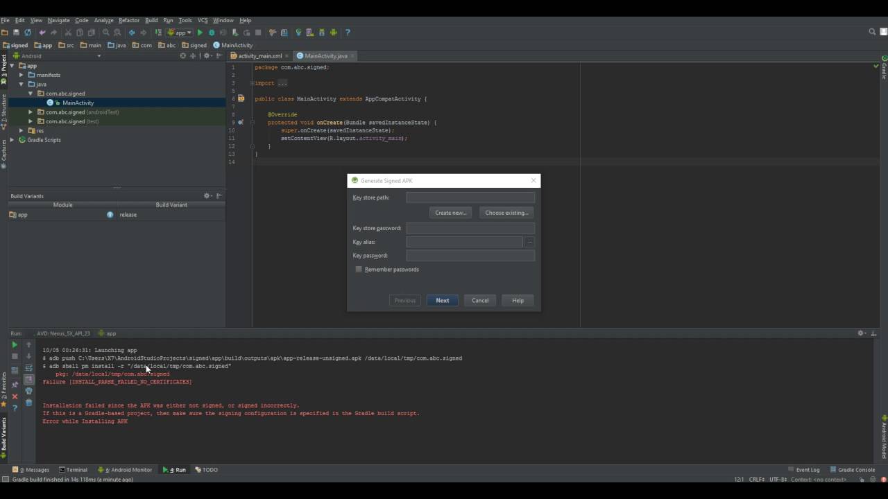 Release apk is not signed - Generating a Signed APK Android  2016