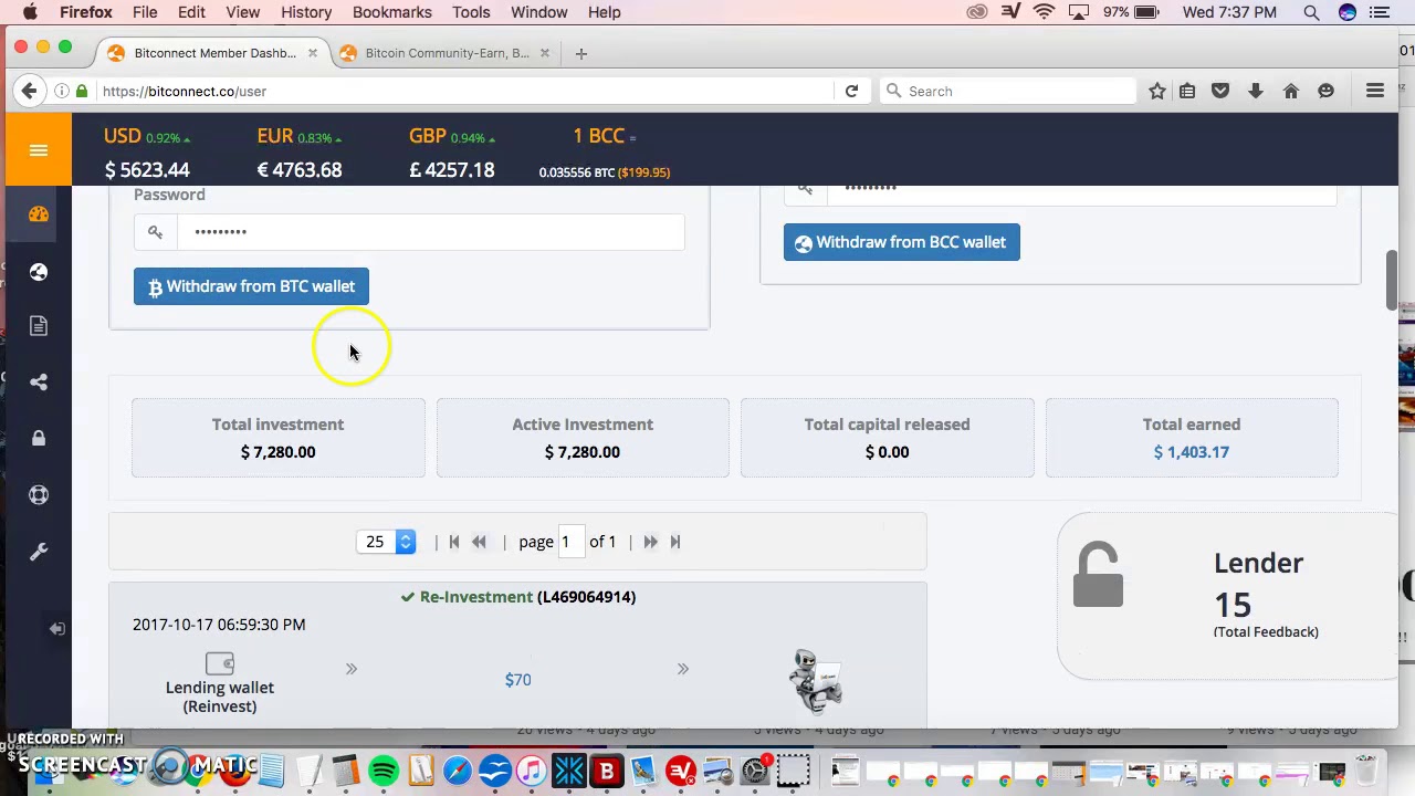 Bitconnect Day 26 How To Do a Reinvest - Total Earned $1403