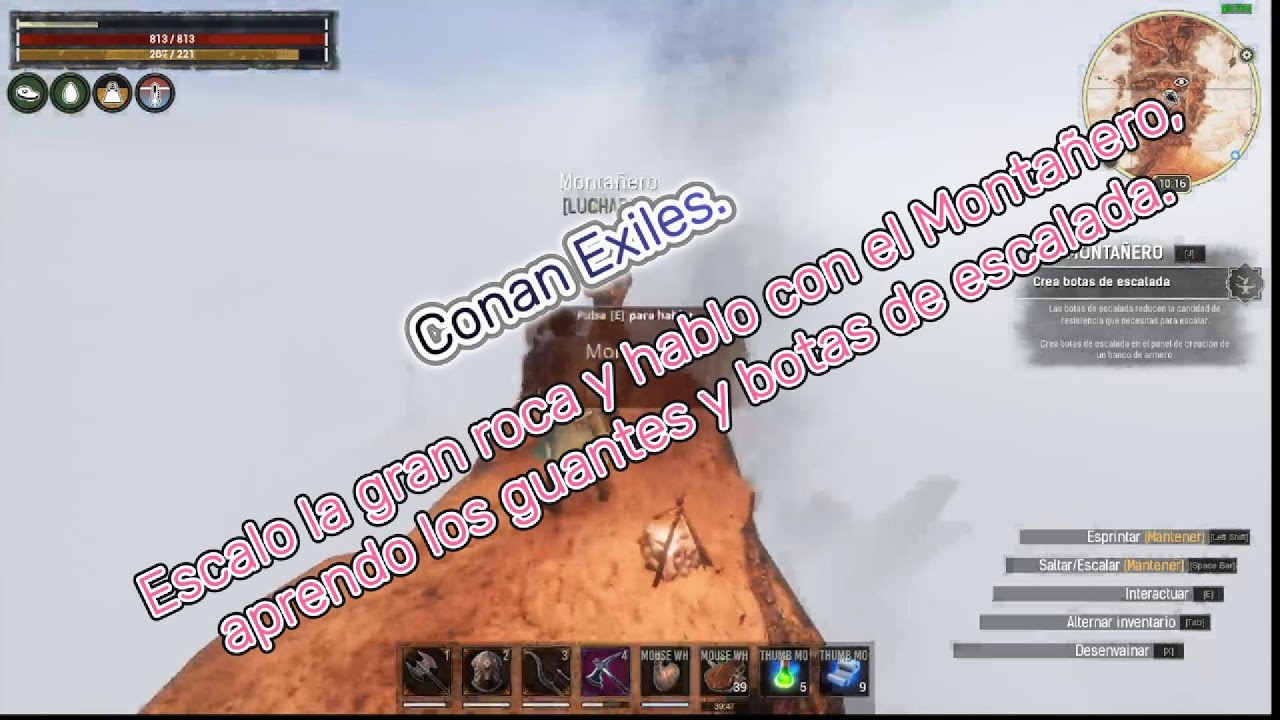 Conan Exiles. I climb the large rock, talk to the Mountaineer, learn about climbing gloves, boots.