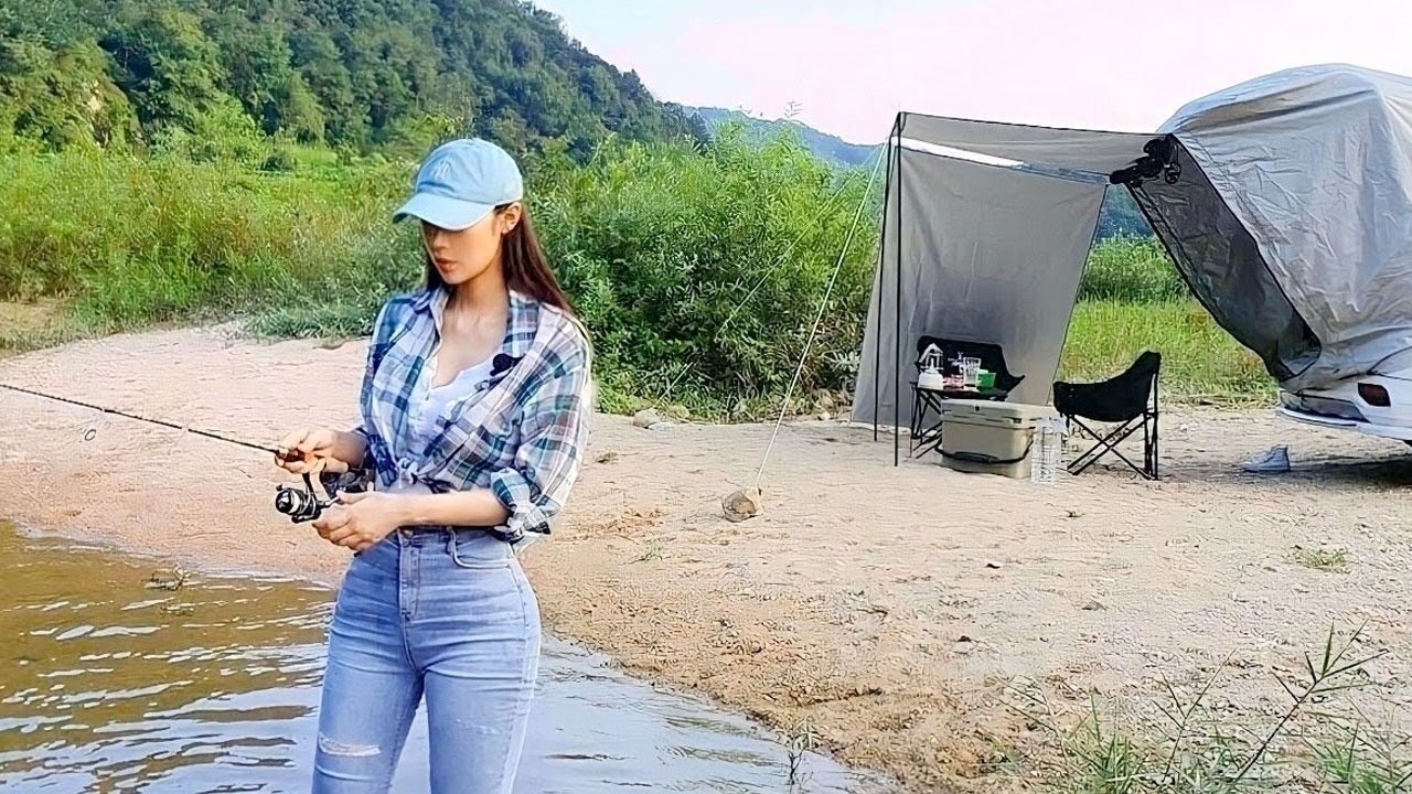 조용한 시골 물가에서 캠낚 즐기기⛺ Quiet countryside, fishing and camping.