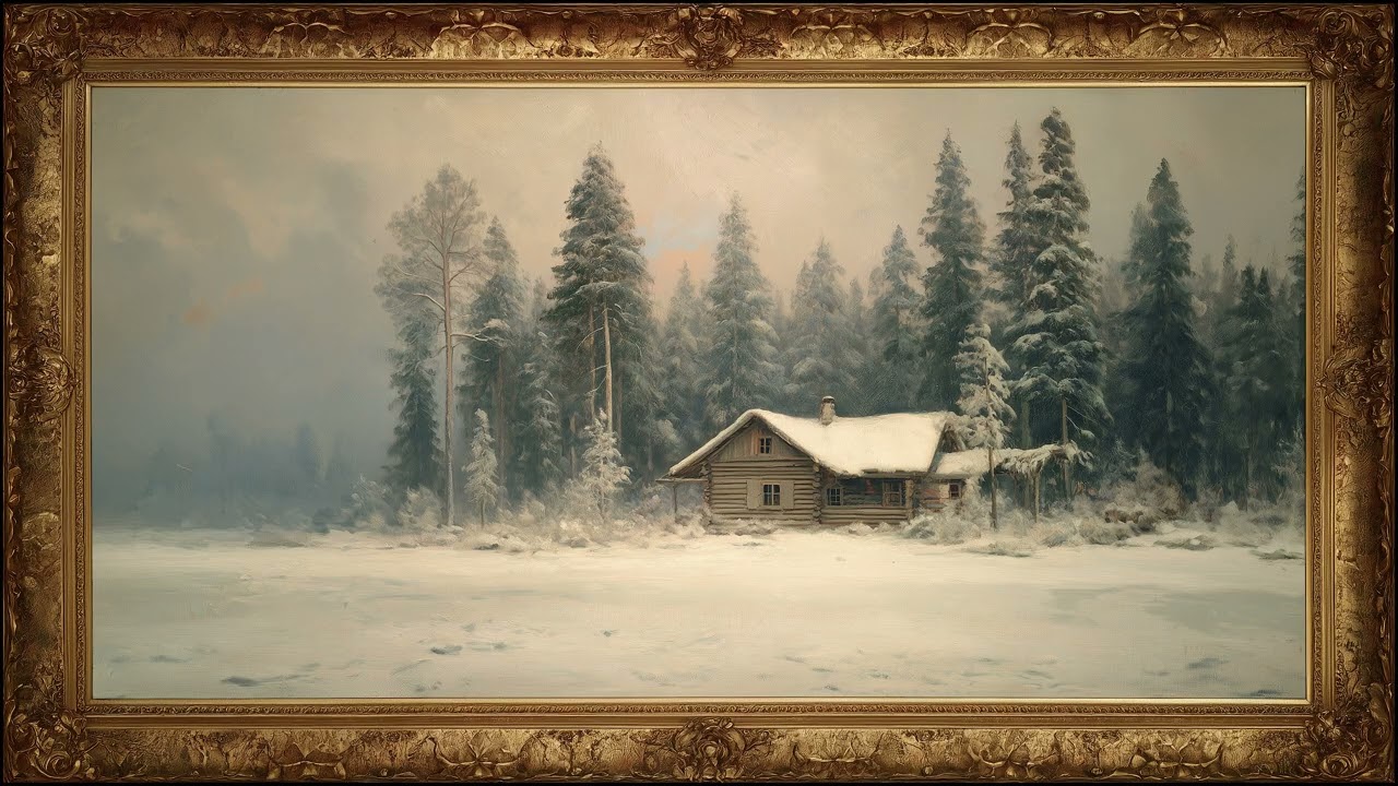 Snow-Covered Cabin at the Forest Edge | Framed Art TV Wallpaper 4K
