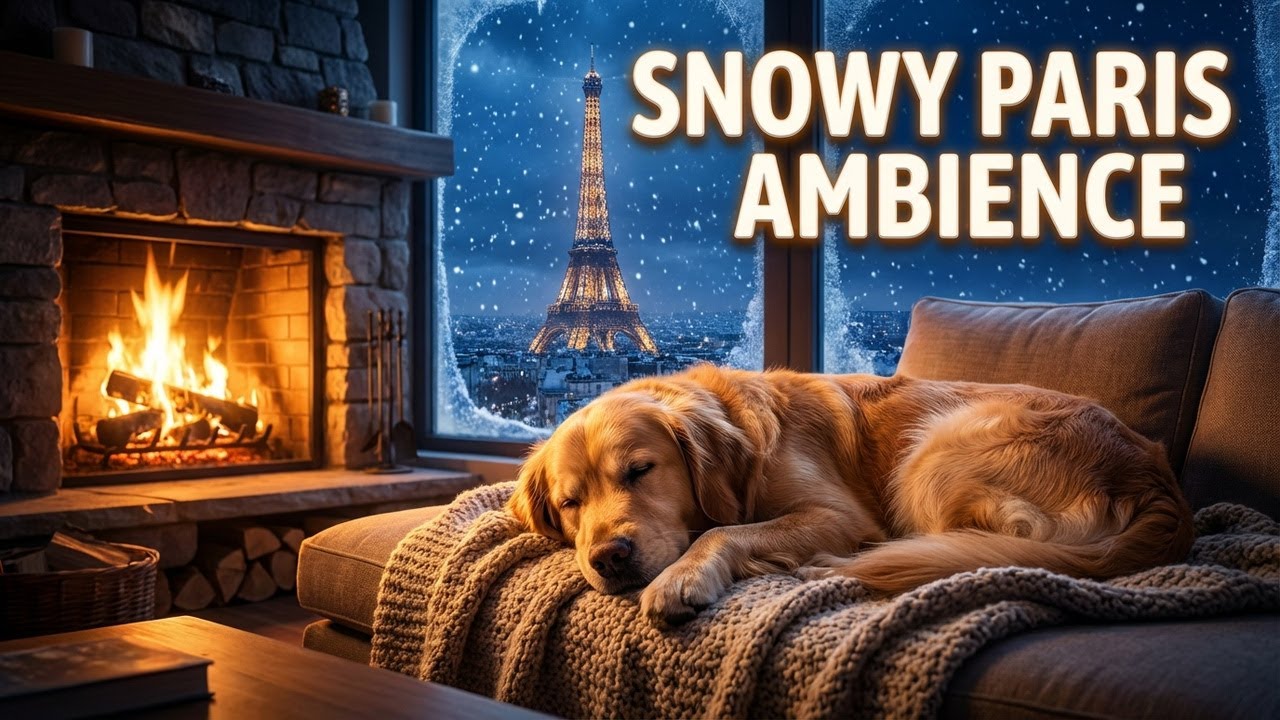 Snowing Over Paris 🌨️ Fireplace & Piano in 4K