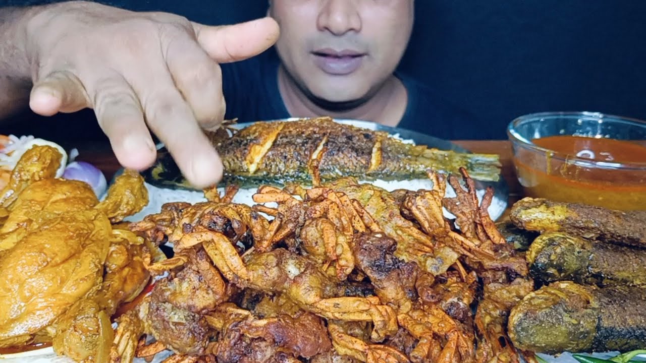 Asmr Eating Huge Crispy Crabs Fry, Fish Fry, Chicken Leg Piece Curry With Basmati Rice | Eating Show