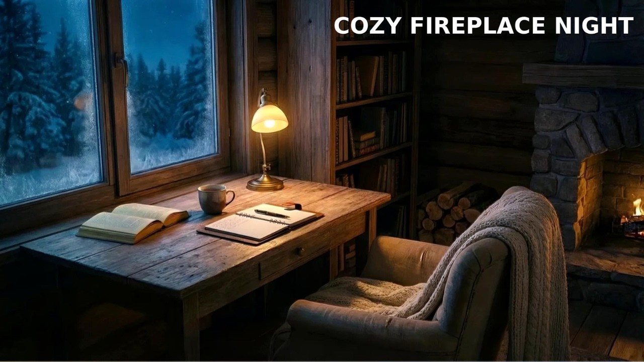 Cozy Winter Cabin Fireplace ❄️ Snowfall & Piano Ambience