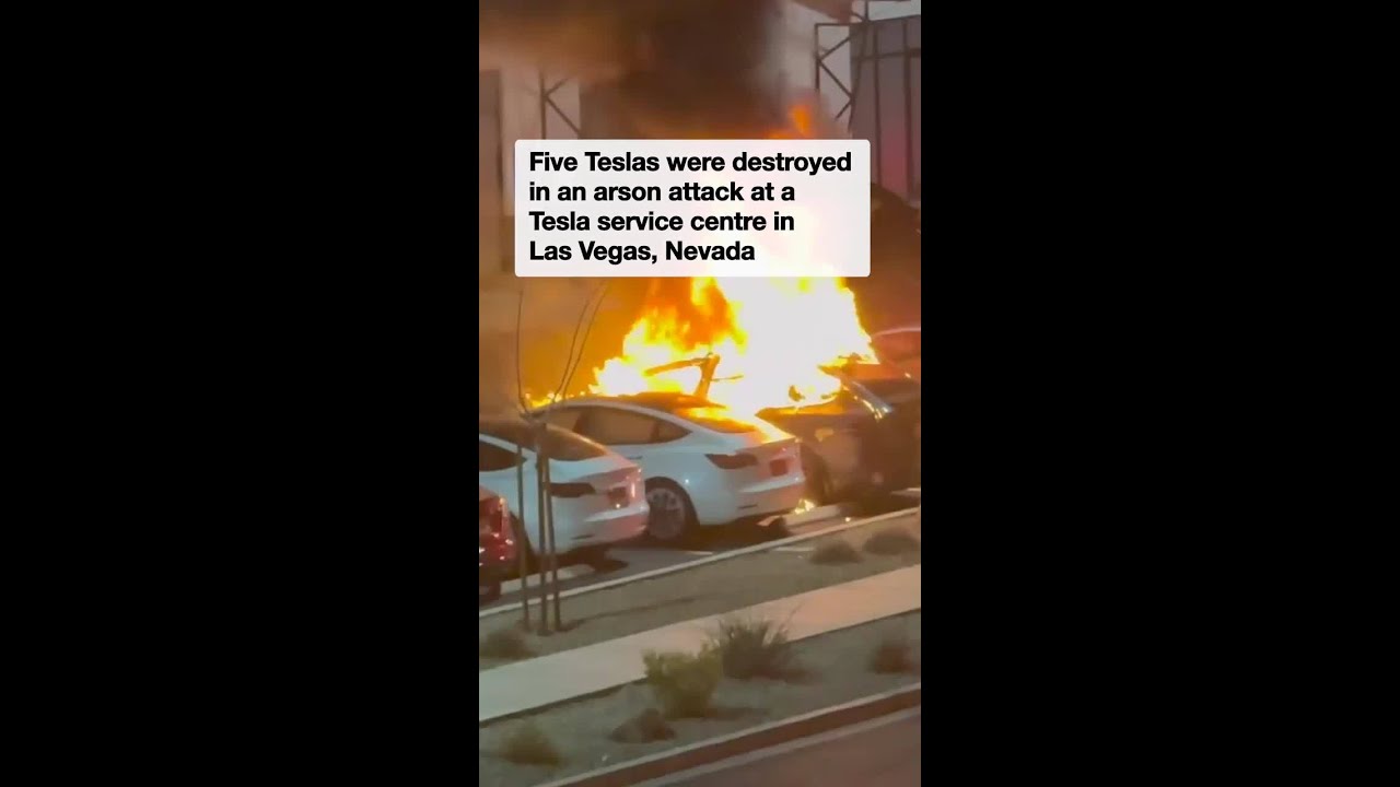 Teslas set on fire and shot at in arson attack
