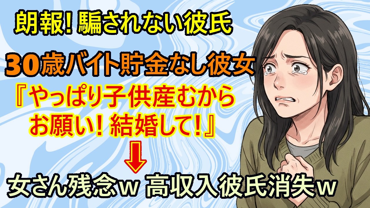 【修羅場】悲報！高収入な彼氏さん、子供が持てない結婚はしないｗ　30歳バイト彼女『私がいればいいじゃない！子供のことも考え直すから！(嘘だけど)』　→彼氏『子供嫌いが子供産まないよねｗ　さよなら』