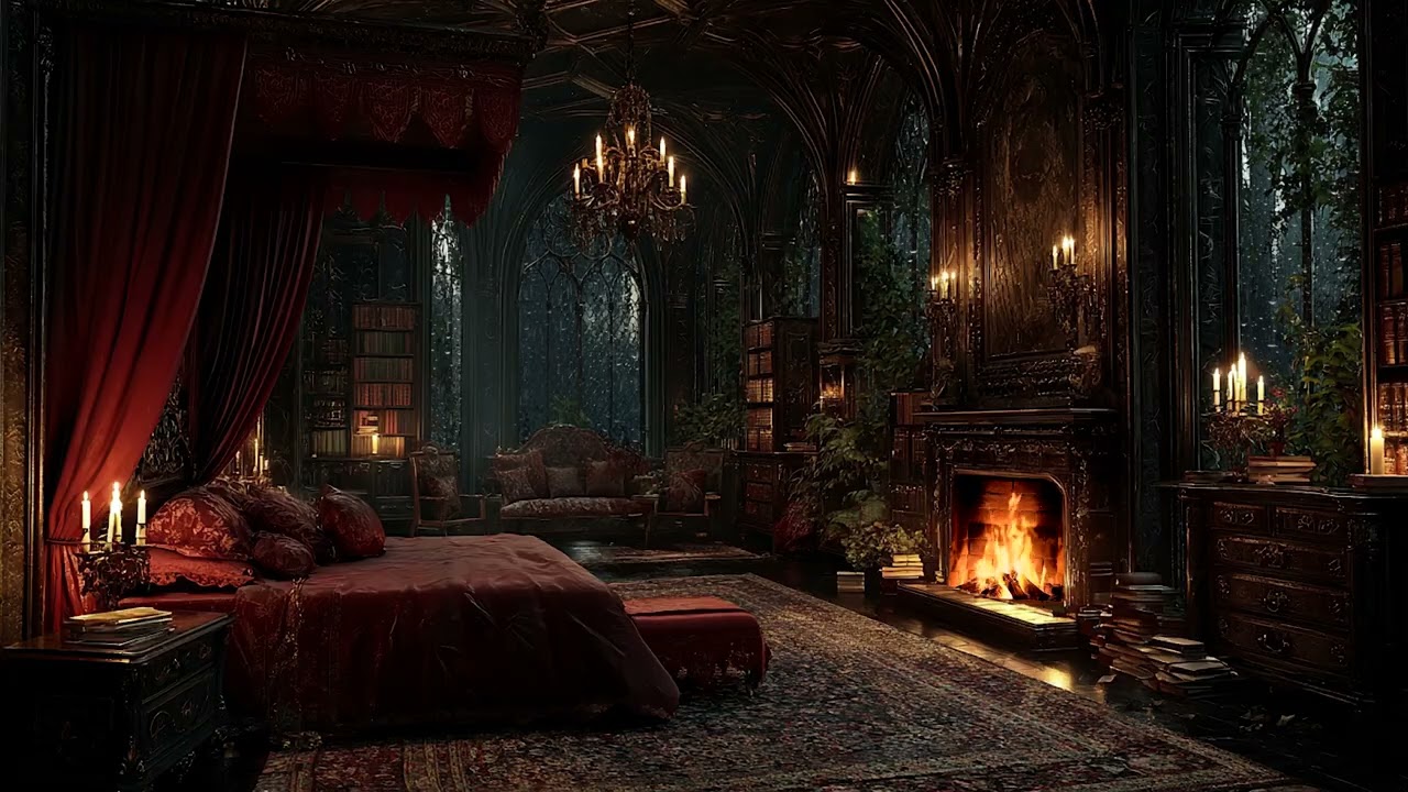 Gothic Castle Bedroom Ambience 🌧️ Rain Sounds with Fireplace Crackling Fire for Sleep & Relaxation
