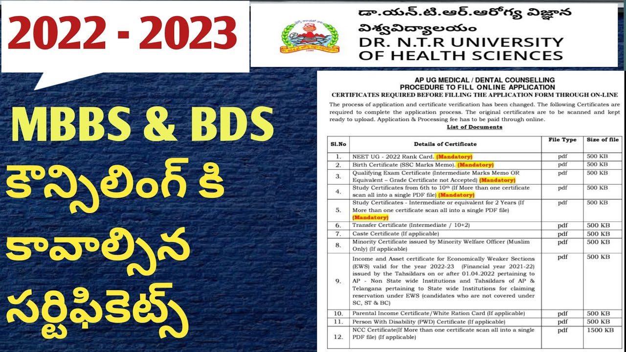 Certificates required for NEET UG MBBS BDS counselling Andhrapradesh...|| Dr NTRUHS|| MBBS BDS