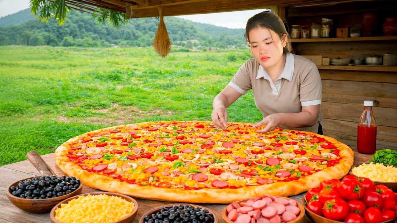 Giant Homemade Pizza Making - How to Make Cheese Pizza with Fresh Tomato to Sell at Market