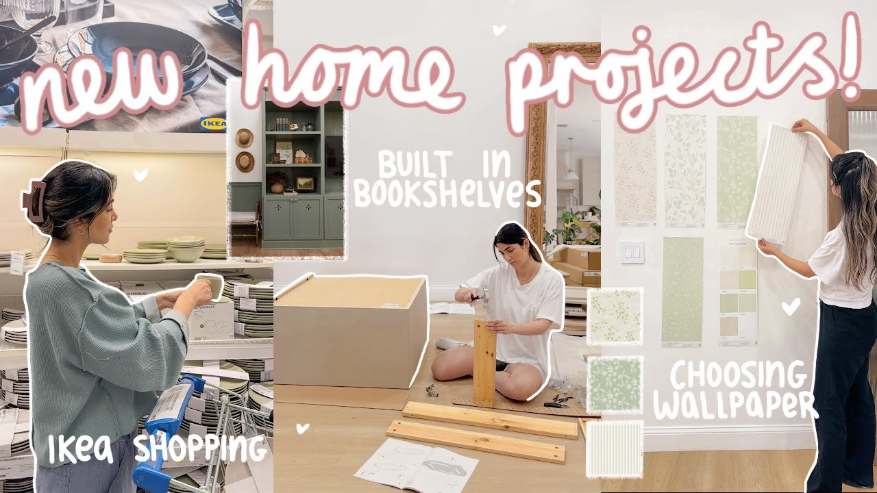 DIY BUILT IN BOOKSHELVES ✨ ikea shop with me, building cabinets + new wallpaper!