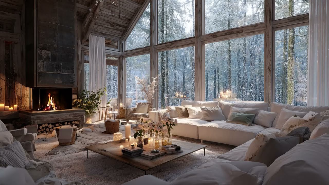Warm Cabin Fireplace with Snowy Window View: Relaxing Piano Music for a Quiet Winter Dream