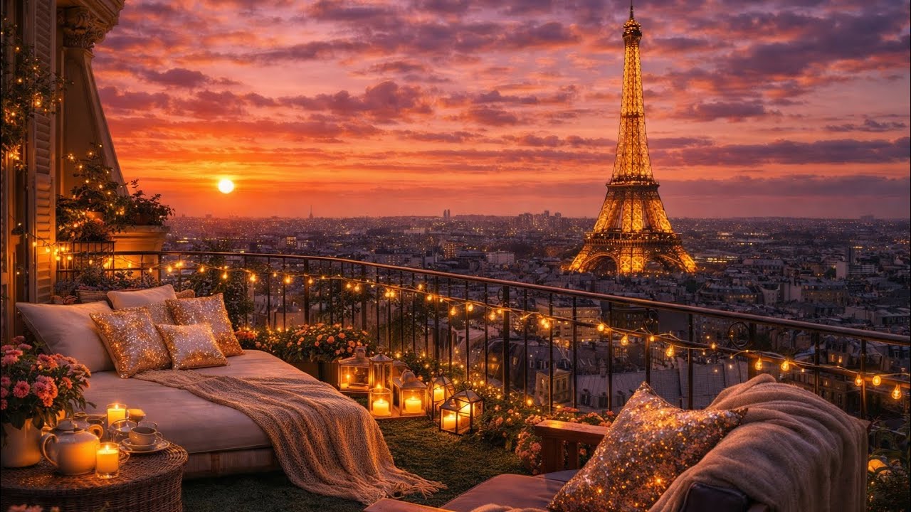 2 HOURS Paris Sunset Balcony | Eiffel Tower View | Cozy Relaxing Music for Sleep, Focus & Quiet Mind