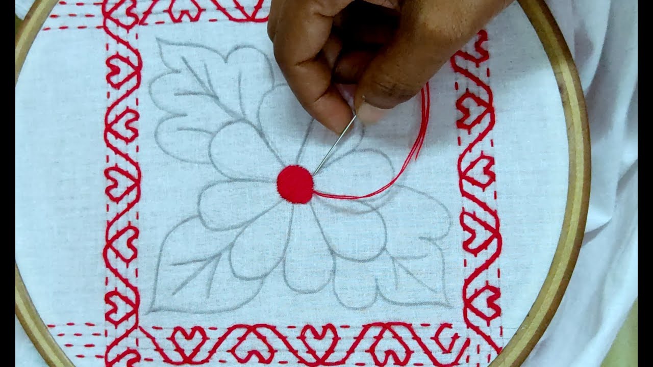 Flower design hand embroidery nakshi kantha with border line,নকশীকাঁথা সেলাই নকশা