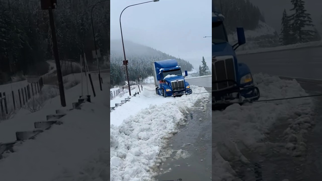 Dropped one semi to winch another one out of the snow with peterbilt wrecker #stuck #towing