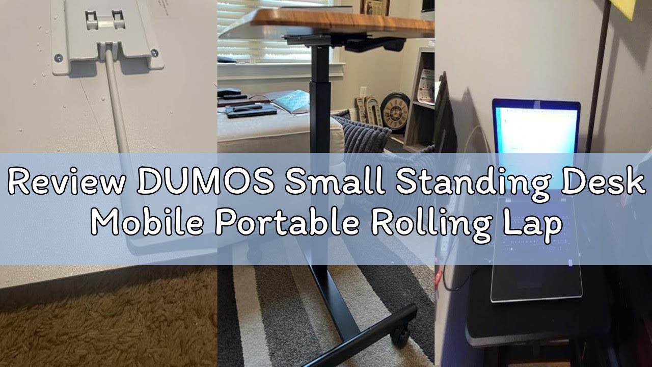 Review DUMOS Small Standing Desk Mobile Portable Rolling Laptop PC Table on Wheels Adjustable Height