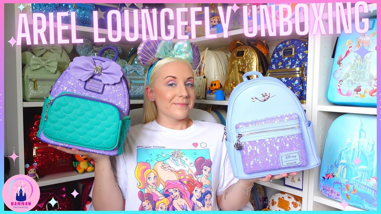 Disney Unboxing Little Mermaid Ariel & Sisters Sequin Loungefly backpacks BoxLunch Princess Merch