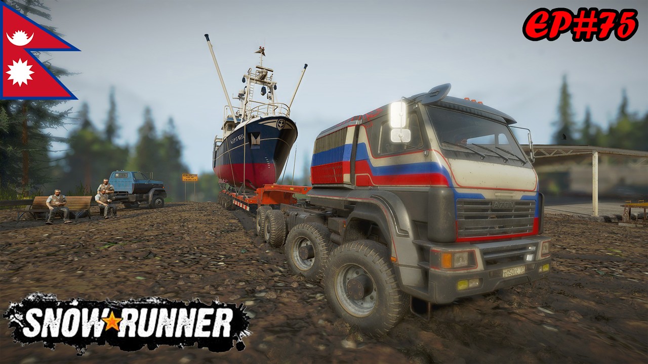 BOAT HAULING BY POWERFUL TRUCK II FULL OFFROAD II STRUGGLING II MOD II SNOWRUNNER II EP-75