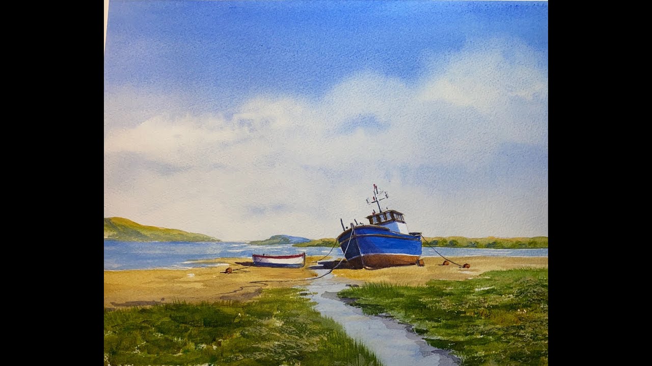 An acrylic painting of a boat on the beach.