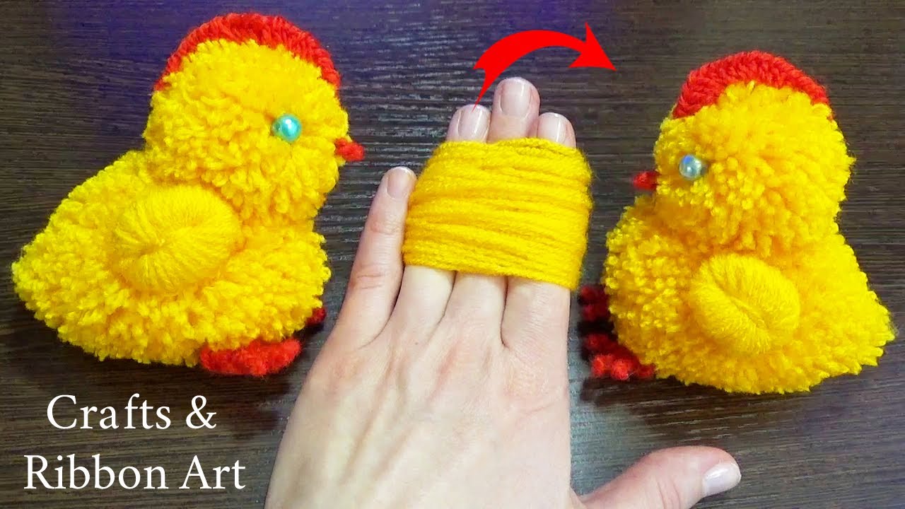 Super Easy Pom Pom Chicken Making Idea with Fingers - DIY Pom Pom Chick - How to Make Yarn Chickens