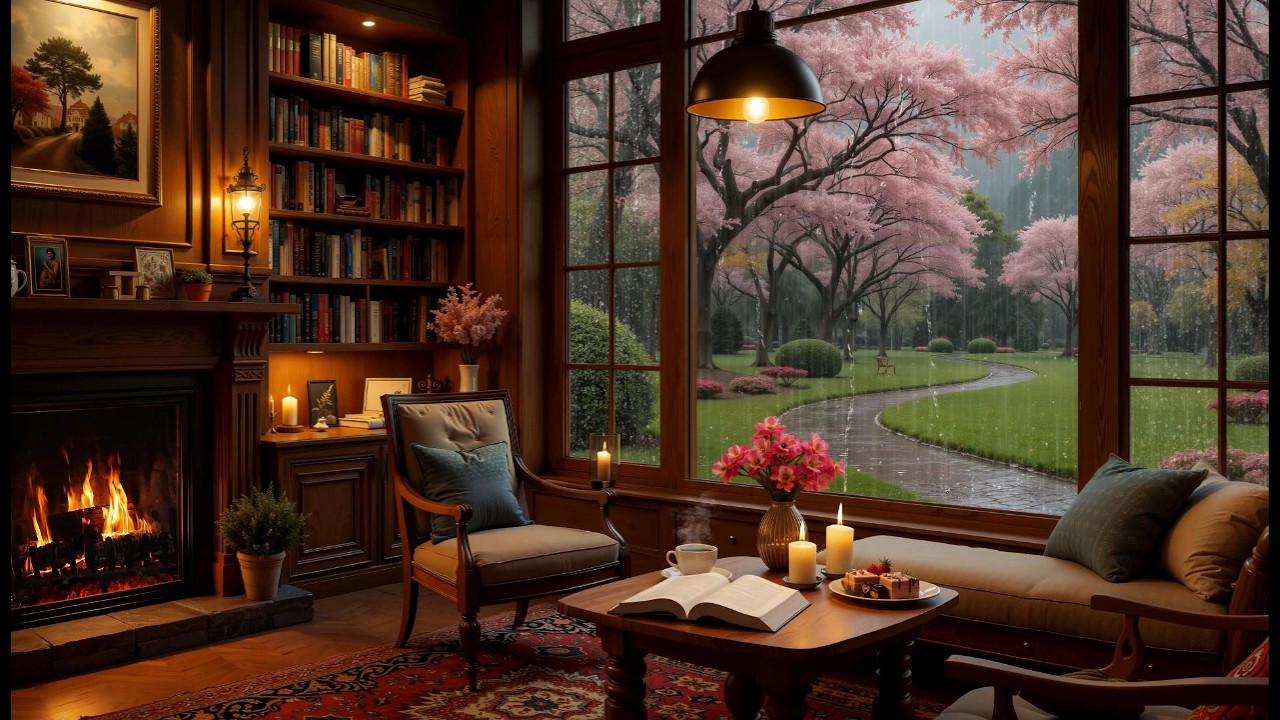 Soft Jazz Piano Ambience – Rainy Spring Garden & Fireplace Sounds for Reading, Work and Sleep