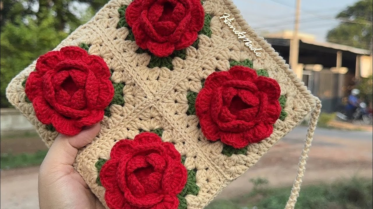 Móc Túi Hoa Hồng Ghép Ô / Giàu’s Handmade/ Crochet bag rose