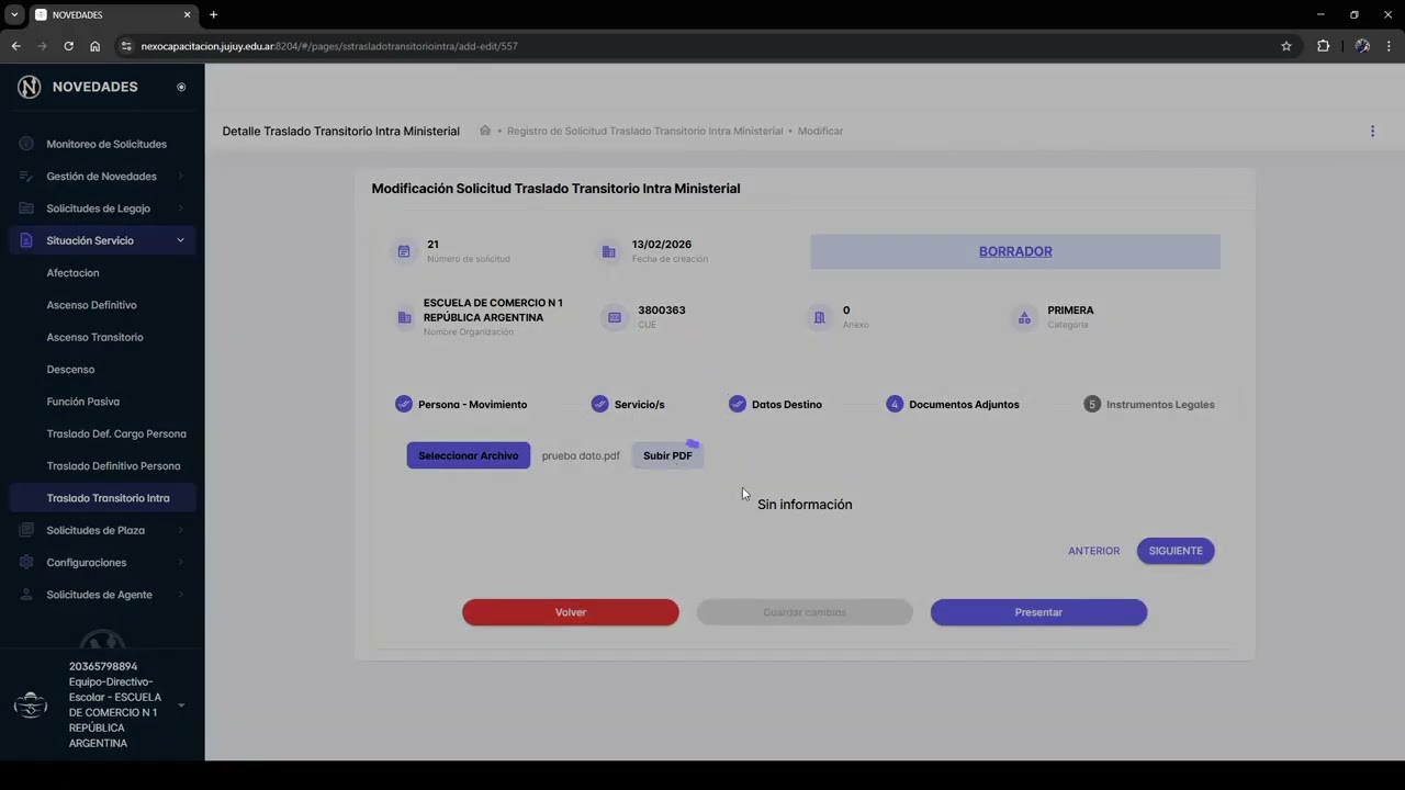 NOVEDADES - CAMBIO DE SITUACION DE SERVICIO   TRASLADO INTRA