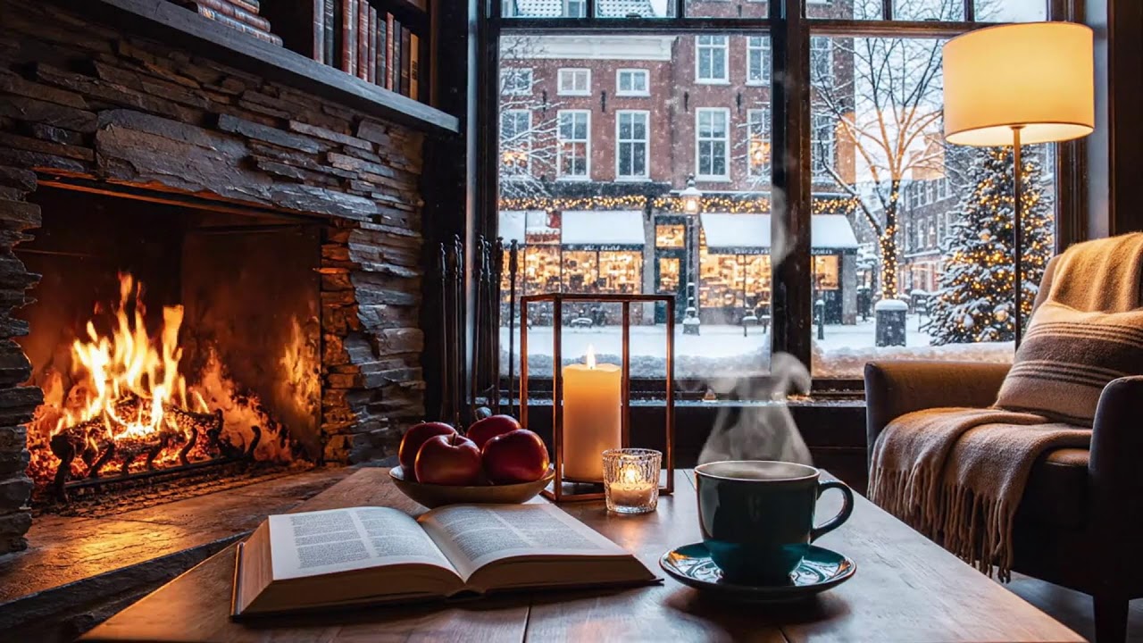 Winter Night Café Sounds ☕ Soft Jazz & Fireplace for Calm Productivity