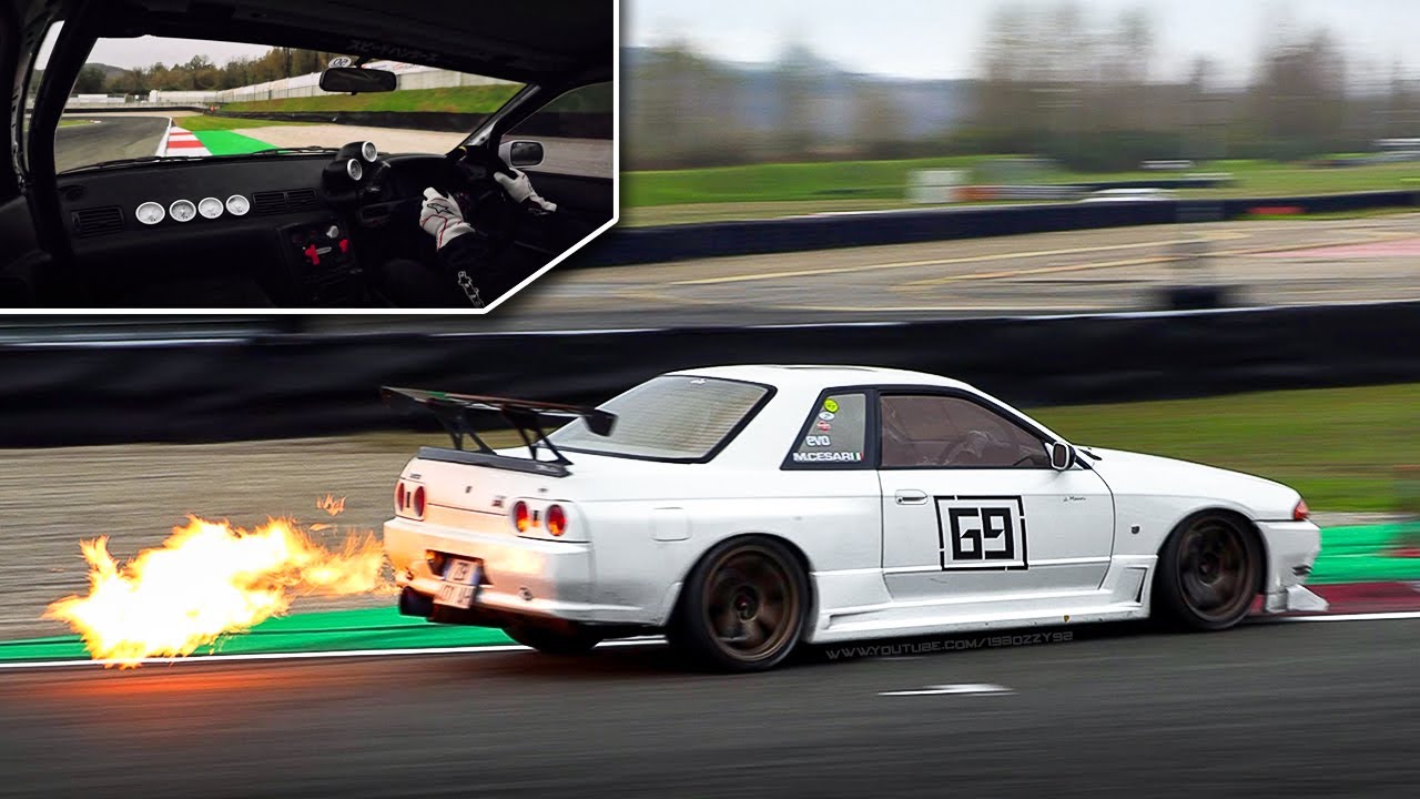 Flame Spitting Nissan Skyline R32 GT-R in action on track: Single Turbo RB26 w/ Trust Exhaust Sound!