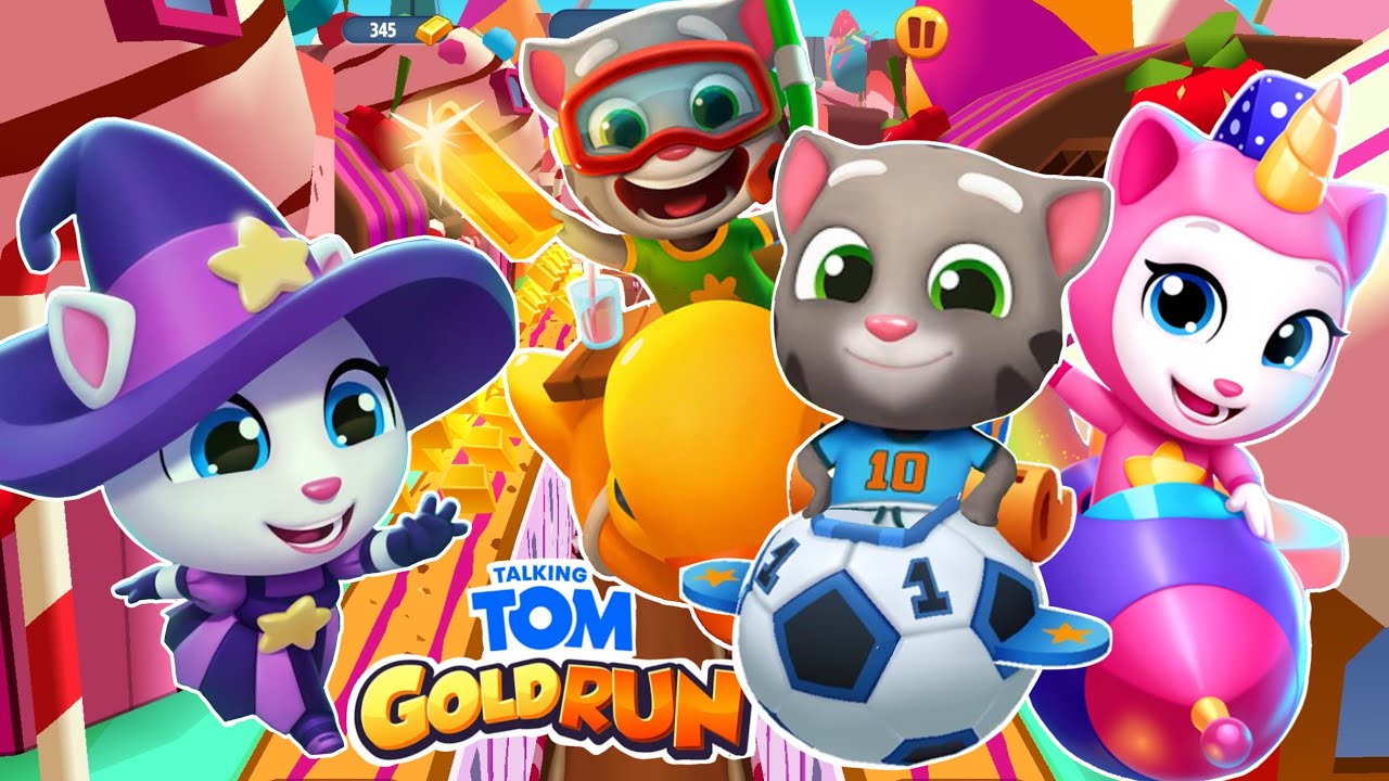 Talking Tom Gold Run - Football Tom vs Splashy Tom vs Witch Angela vs Unicorn Angela in Candy world🍭