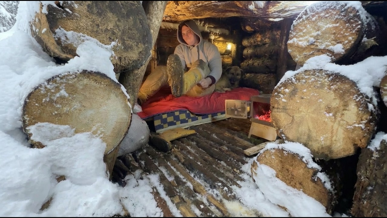 Man Builds a Hidden Shelter Under a Giant Fallen Tree