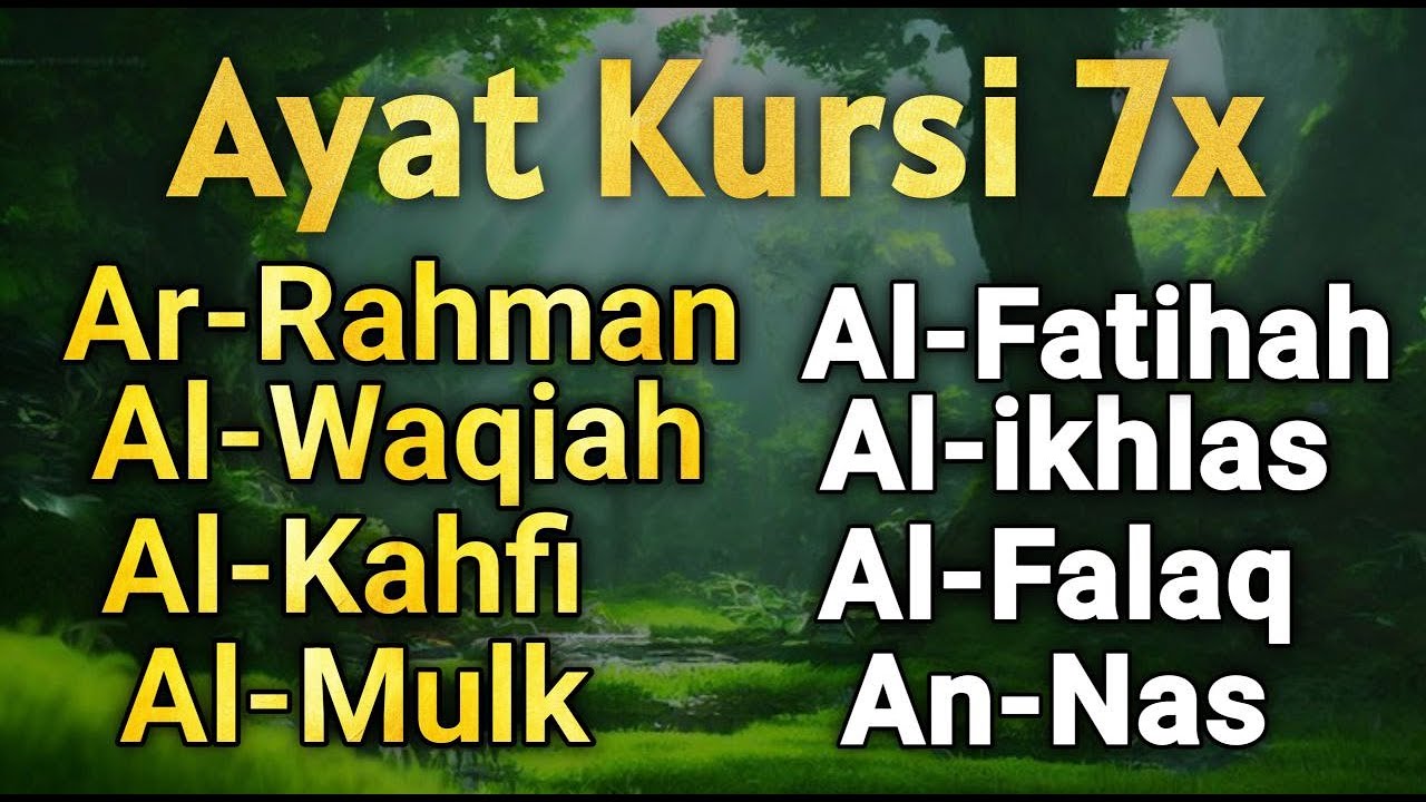 AYAT KURSI 7x,Yasin,Ar Rahman,Al Waqiah,Al Mulk,Al Kahfi,Al Fatihah, Ikhlas,Falaq,An Nas