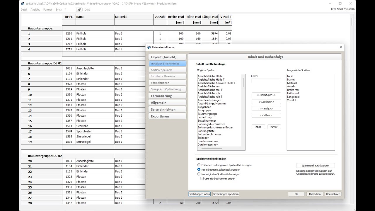 cadwork 3d V29 Listenmodul