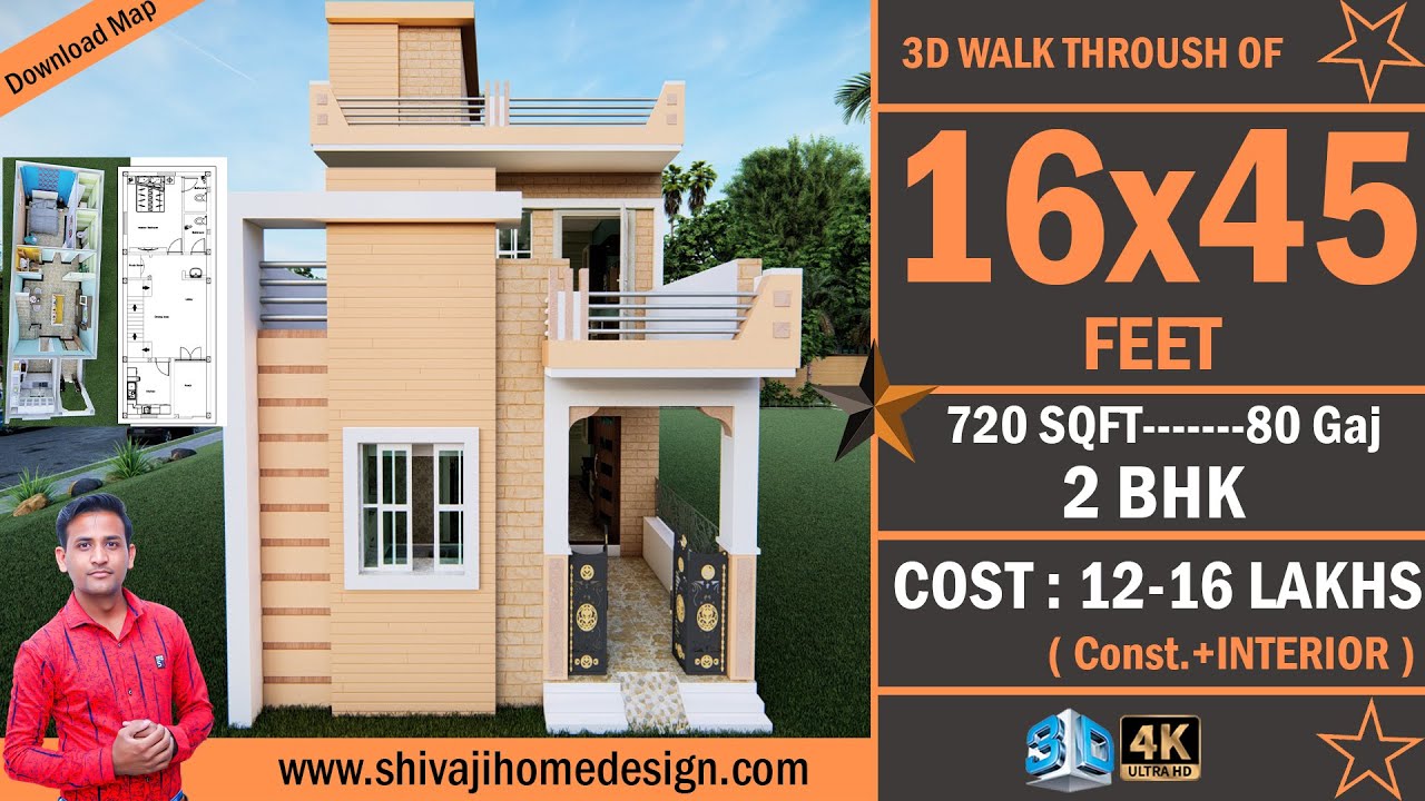 🏡 16*45 House Design 3D | 720 Sqft | 5 BHK | East Face | 5x16 Meters | #ShivajiHomeDesign