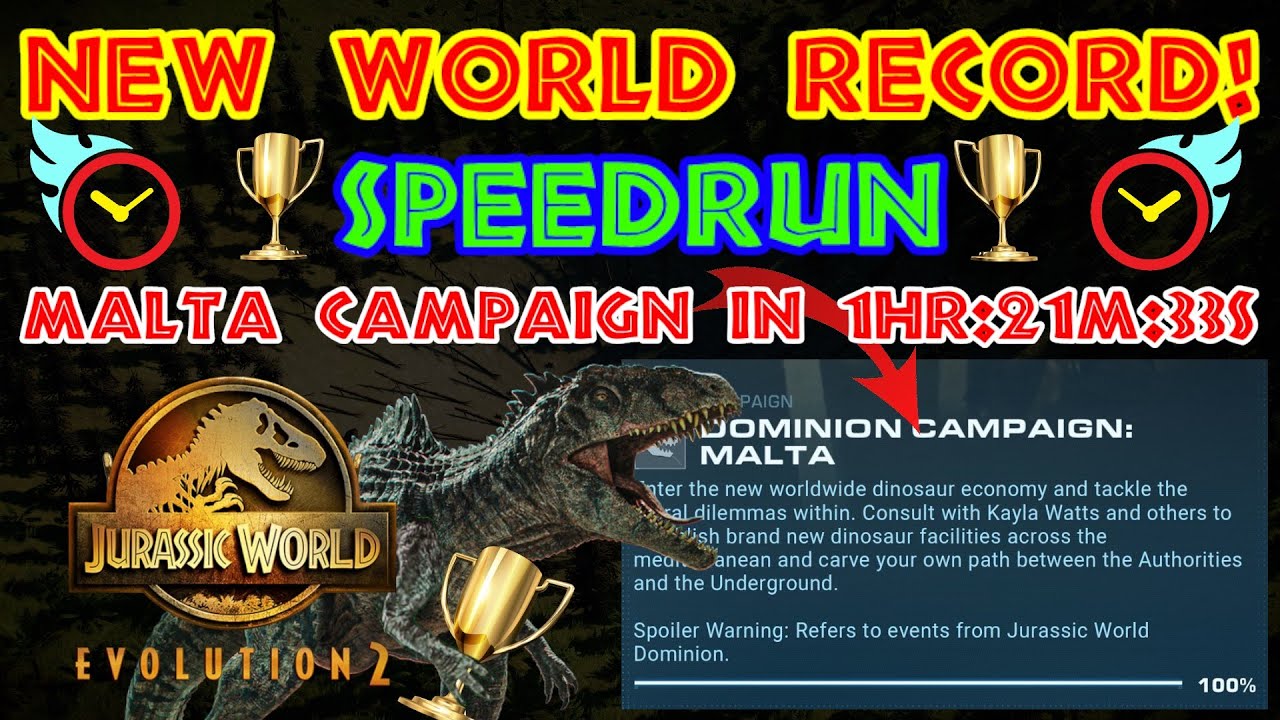 NEW World Record! - Speedrun - Dominion Malta Campaign in 1hr:21m:33s - Jurassic World Evolution 2