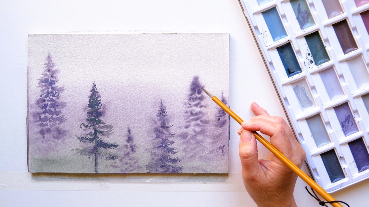 Magical Misty Forest LILAC landscape with Unusual Watercolors from Fuumuui