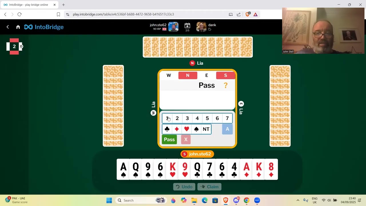 5 hands against a top bridge player Daniel Korbel - 4th September 2025