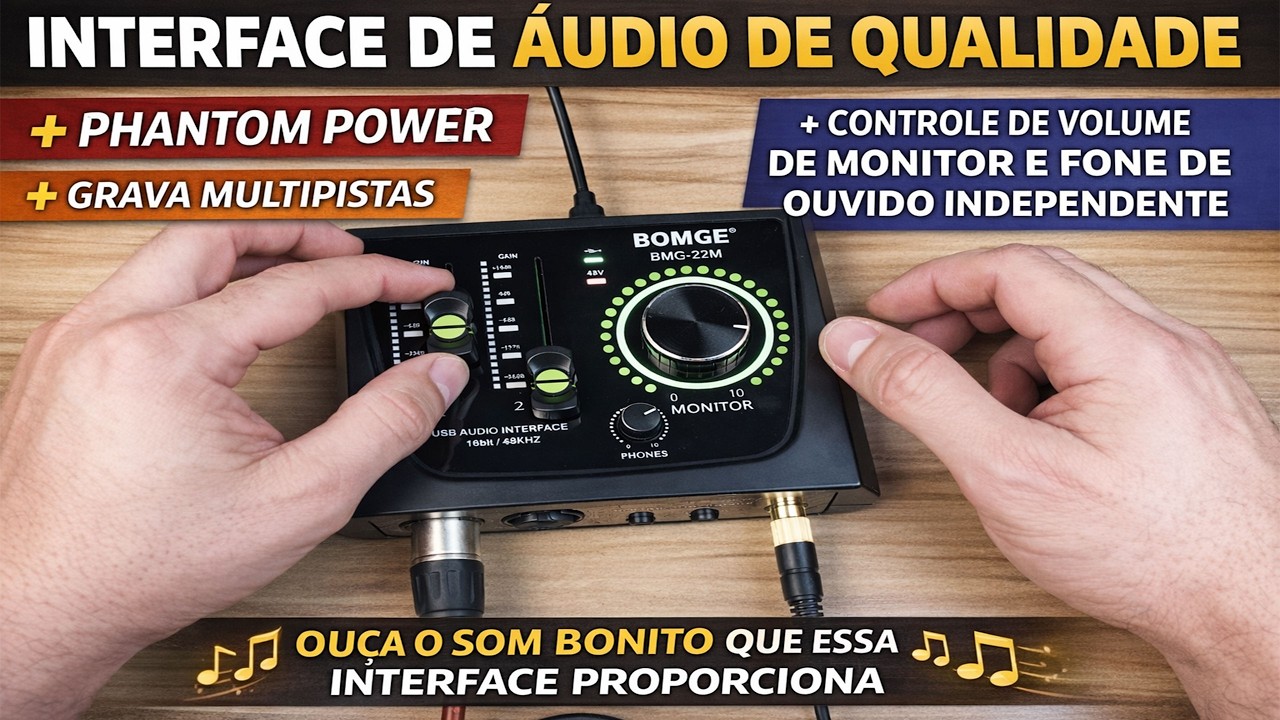 Interface de Áudio BOMGE BMG 22M. Som Encorpado e Grava Multipistas