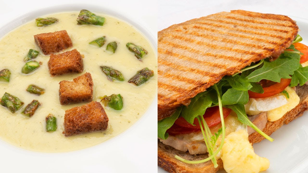 Crema de puerro, calabacín y espárragos verdes - Bocadillo de lomo, queso y rúcula
