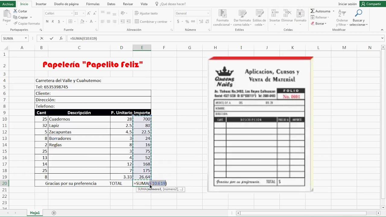Practica 3, Nota de venta en excel