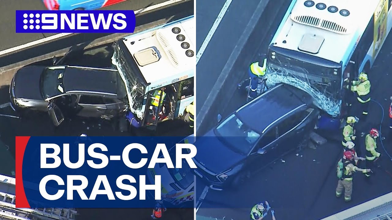 Bus ploughs into back of car, trapping and injuring multiple people | 9 News Australia