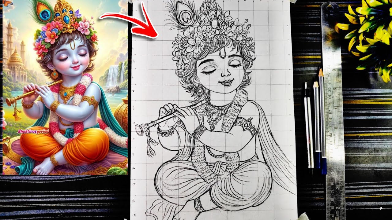 Little Krishna Drawing Outline, How To Draw Janmastami Bal Krishna, Pencil Sketch, Easy Step By Step