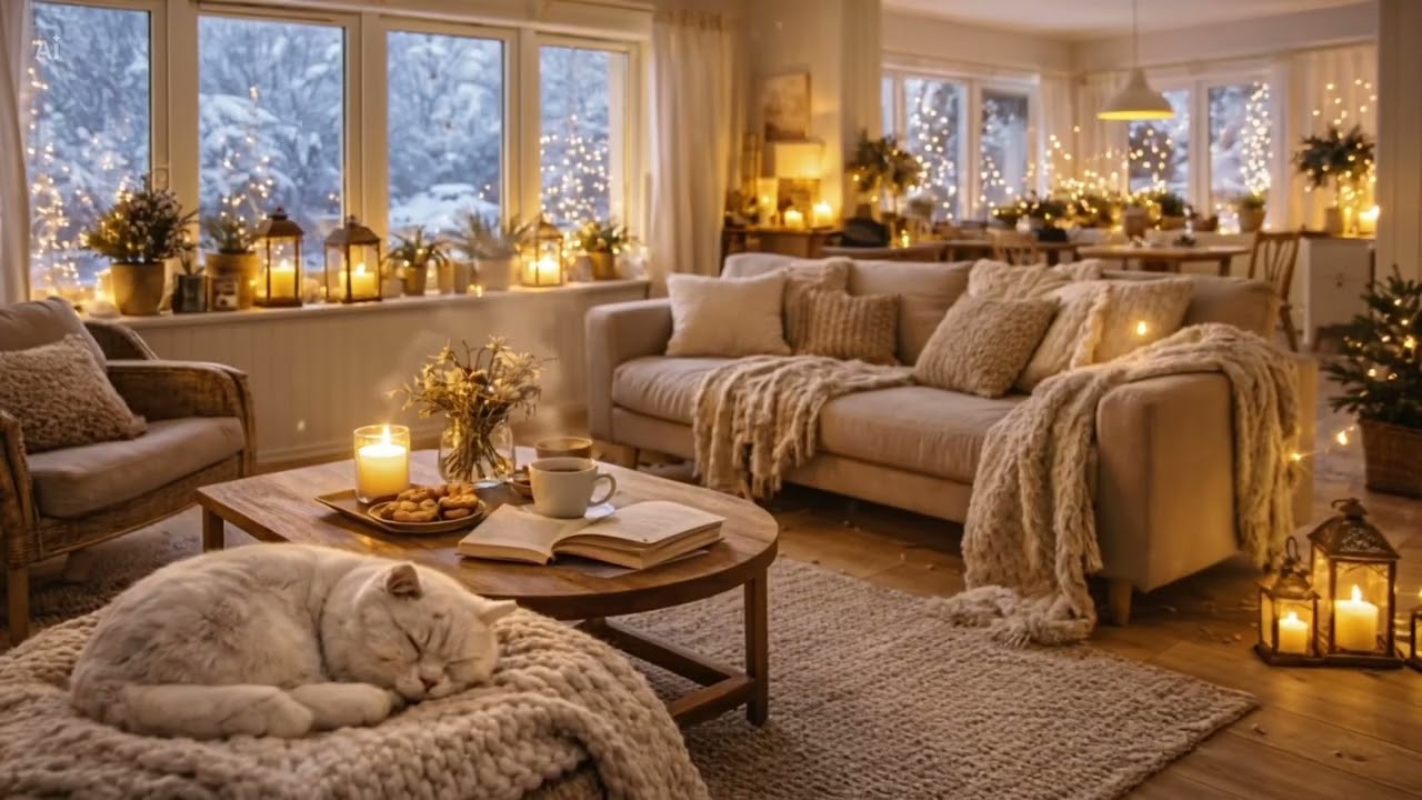 4 Hours Cozy Winter Night Ambience ❄️ Warm Living Room, Snowy Window & Sleeping Cat | Relax / Study 